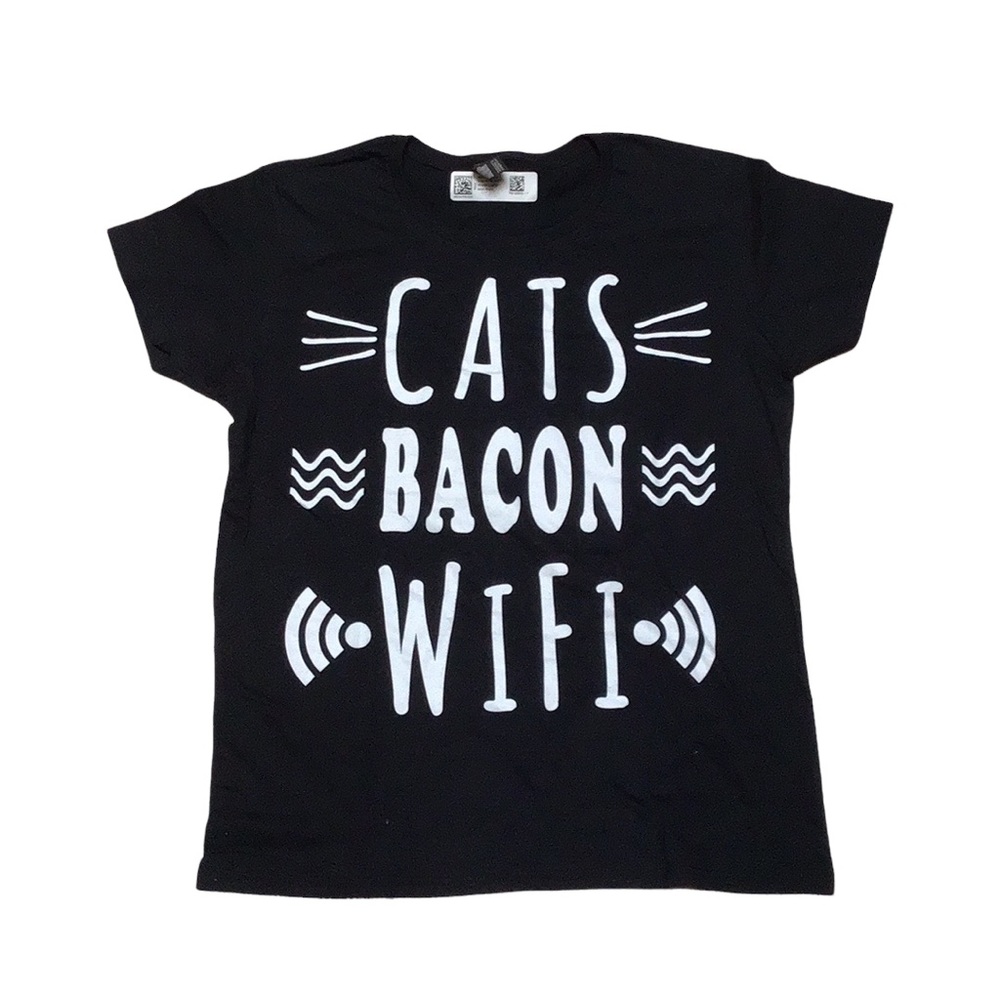 Funny Cats Bacon Wi Fi Black Womens‎ Short Sleeve Tee Shirt Large